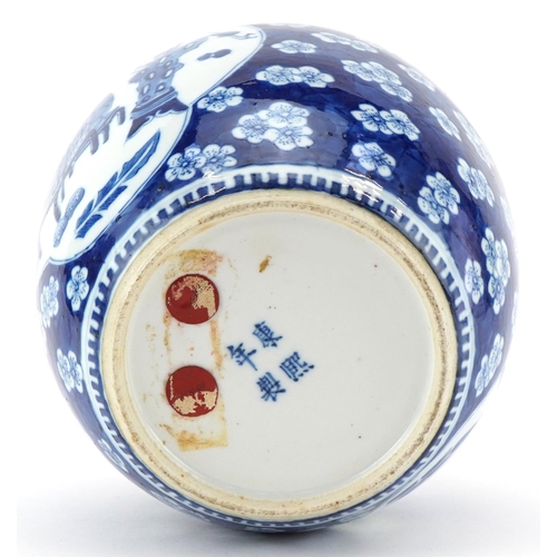 136 - A Chinese blue and white porcelain ginger jar, late 18th/early 19th century, with opposing panels, b... 