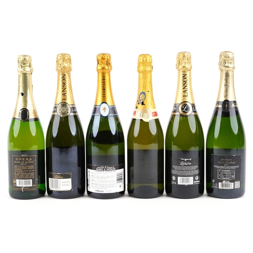 524 - Six bottles of Champagne including a Lanson Black Label Brut Champagne, a Nicolas Feuillatte Brut Ch... 