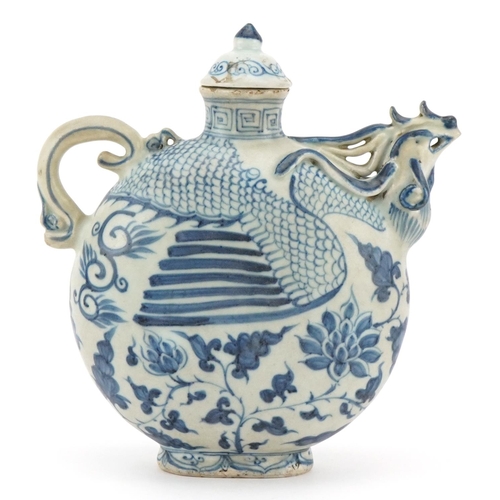 234 - A Chinese porcelain blue and white vessel with cover in the form of a phoenix, 19cm high.