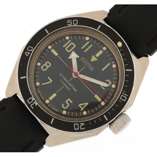 Boctok, a Russian gentlemen's automatic wristwatch having black dial with luminous number markers, the case numbered 792223, 38mm in diameter.