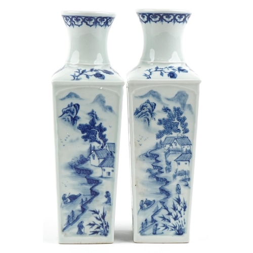 165 - A pair of Chinese porcelain blue and white flat sided vases hand painted with figures amongst mounta... 