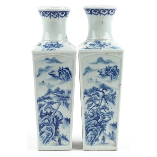 165 - A pair of Chinese porcelain blue and white flat sided vases hand painted with figures amongst mounta... 