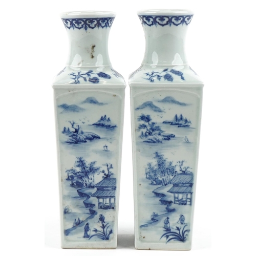 165 - A pair of Chinese porcelain blue and white flat sided vases hand painted with figures amongst mounta... 