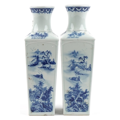 165 - A pair of Chinese porcelain blue and white flat sided vases hand painted with figures amongst mounta... 