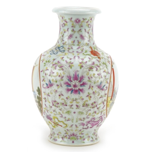 231 - A Chinese porcelain vase hand painted with panels of figures amongst foliage, character marks to the... 