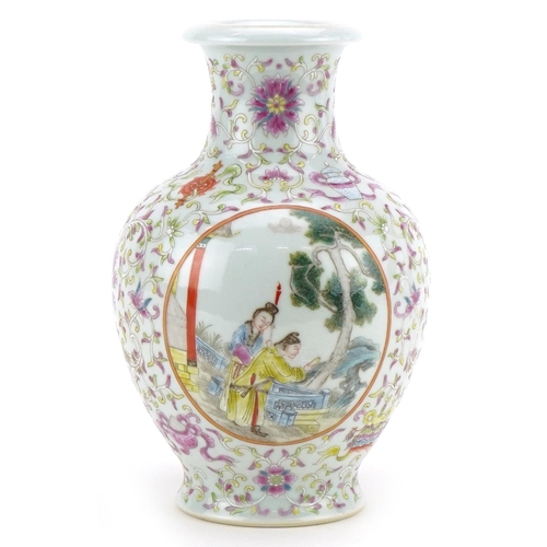 231 - A Chinese porcelain vase hand painted with panels of figures amongst foliage, character marks to the... 
