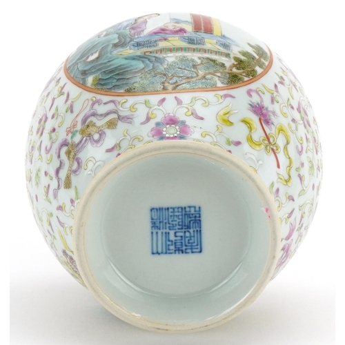 231 - A Chinese porcelain vase hand painted with panels of figures amongst foliage, character marks to the... 