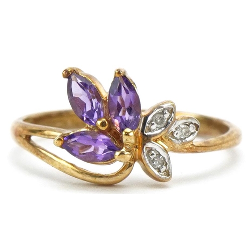 3671 - A 9ct gold amethyst and diamond floral dress ring, size N, 1.9g.