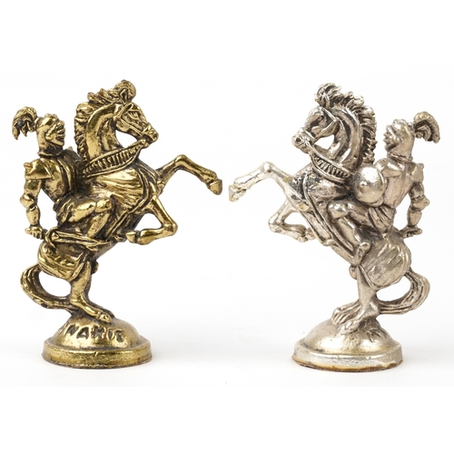 1038 - A Forma cast metal chess set, the king 8.5cm high, together with an onyx and alabaster chequer board... 