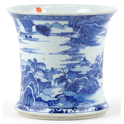 166 - A Chinese blue and white porcelain vase hand painted with a river landscape, 17cm high x 18cm in dia... 