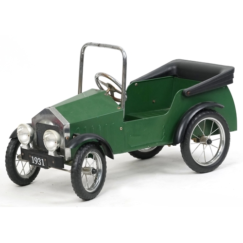 1055 - A Great Gizmos 1931 green tole painted metal child's pedal car with chromium plated fittings, 55cm H... 