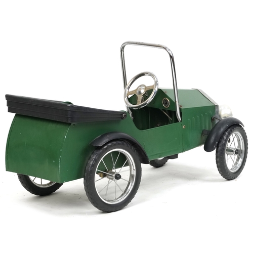 1055 - A Great Gizmos 1931 green tole painted metal child's pedal car with chromium plated fittings, 55cm H... 
