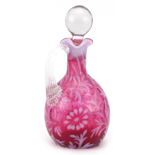 156 - Fenton, a Victorian cranberry and Vaseline glass decanter and stopper, 19cm high.