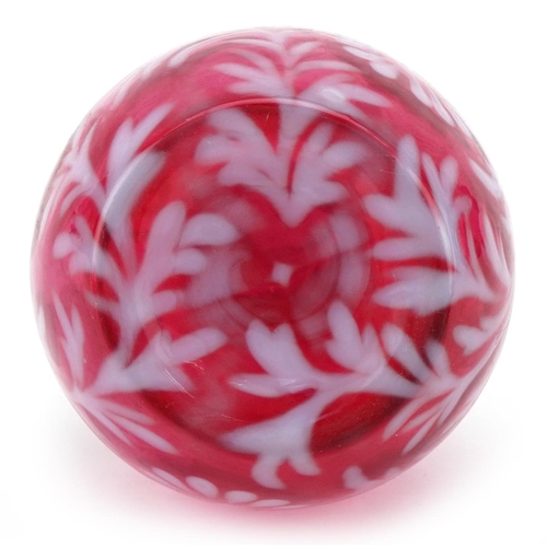 156 - Fenton, a Victorian cranberry and Vaseline glass decanter and stopper, 19cm high.