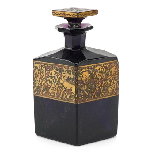 157A - A Moser Bohemian amethyst glass perfume bottle with gilded surround frieze, stamped Karlovey Vary to... 