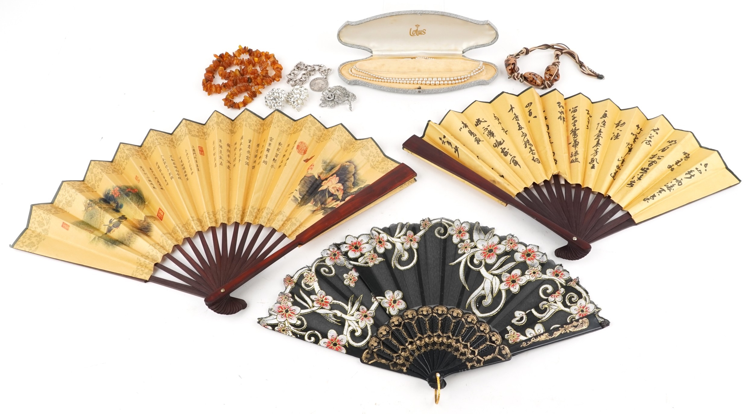 Vintage and later jewellery and objects including breeze fans, amber ...