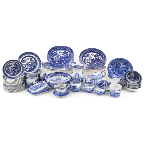 2648 - A large collection of blue and white dinnerware including Copeland Spode and Johnson Bros. comprisin... 