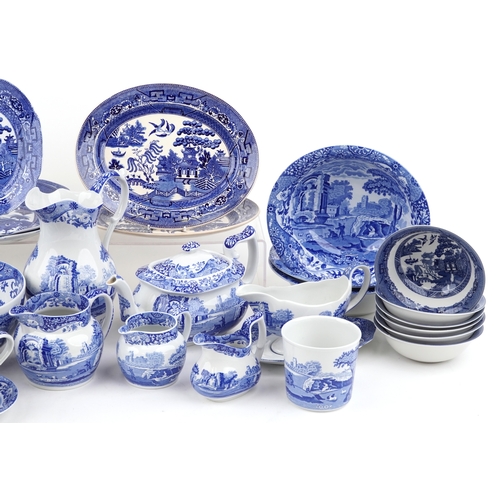 2648 - A large collection of blue and white dinnerware including Copeland Spode and Johnson Bros. comprisin... 