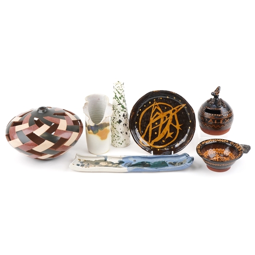 2649 - Studio pottery including a moneybox on stand by Alex 14th March 1979 and a bowl by Oliver 12th July ... 