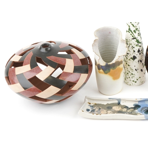2649 - Studio pottery including a moneybox on stand by Alex 14th March 1979 and a bowl by Oliver 12th July ... 