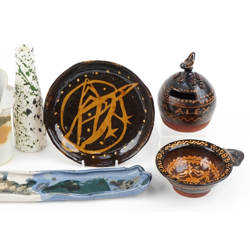 2649 - Studio pottery including a moneybox on stand by Alex 14th March 1979 and a bowl by Oliver 12th July ... 