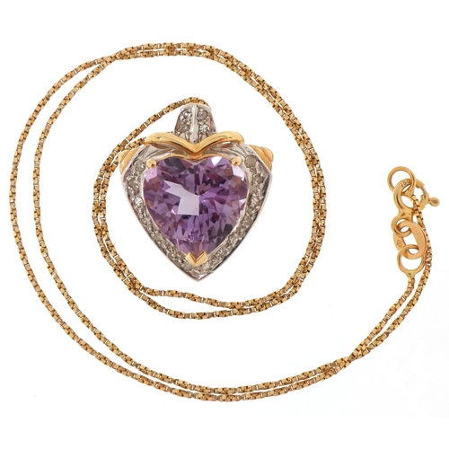 3030 - An 18ct gold amethyst and diamond love heart pendant on an 18ct gold necklace, 2.1cm high and 40cm i... 