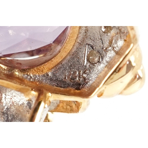 3030 - An 18ct gold amethyst and diamond love heart pendant on an 18ct gold necklace, 2.1cm high and 40cm i... 