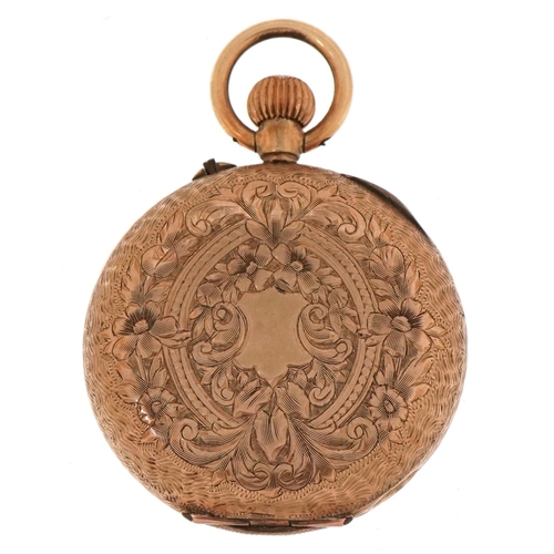 3015 - A continental 9ct gold cased ladies open face top wind pocket watch having ornate gilt dial with Rom... 