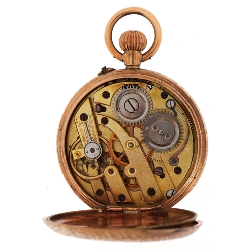 3015 - A continental 9ct gold cased ladies open face top wind pocket watch having ornate gilt dial with Rom... 