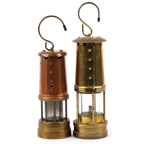 26 - Two vintage copper and brass miner's lamps by E Thomas & Williams and Aberman Colliery, the largest ... 