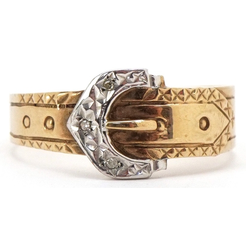 A 9ct gold diamond belt buckle ring, size V, 3.3g.