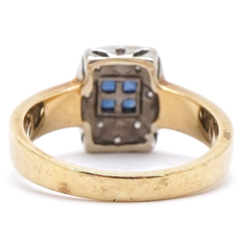3021 - An Art Deco style 9ct gold sapphire and diamond ring, size S/T, 5.9g.
