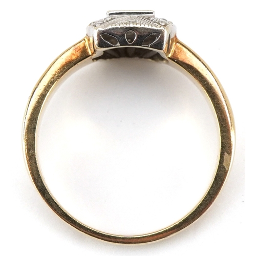 3021 - An Art Deco style 9ct gold sapphire and diamond ring, size S/T, 5.9g.