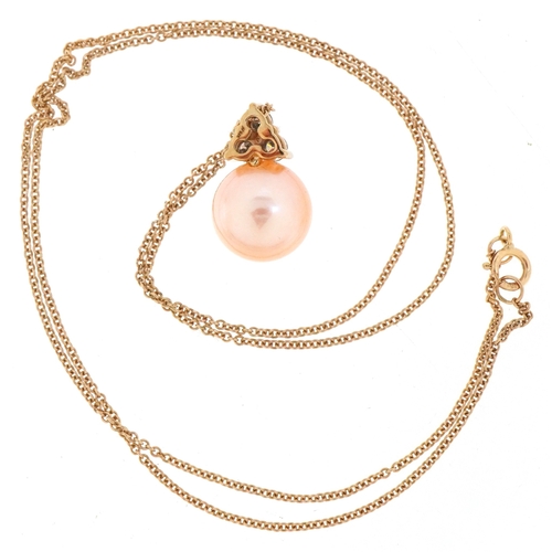 3011 - A 9ct gold cultured pearl and diamond pendant on a 9ct gold necklace, total diamond weight approxima... 