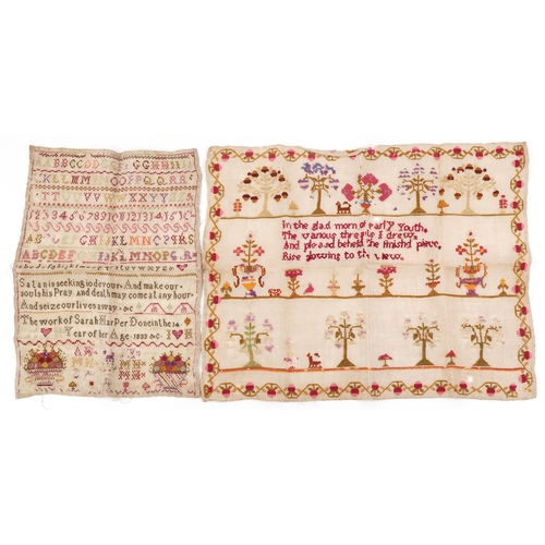 Two 19th century samplers including one worked by Sarah Harper aged 14 years, 1833, 'Satan is seeking to devour and make our souls his prey' and 'Death may come at any hour and seize our lives away', the largest 43cm x 55cm.