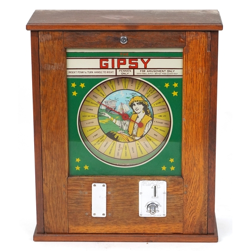 139 - An early 20th century 'Gipsy' oak framed wall mounted Penny amusement arcade game, 62cm H x 52cm W x... 