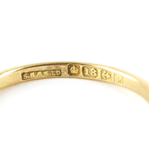 3017 - An 18ct gold diamond and graduated ruby half eternity ring with ornate shoulders housed in a Laqui &... 