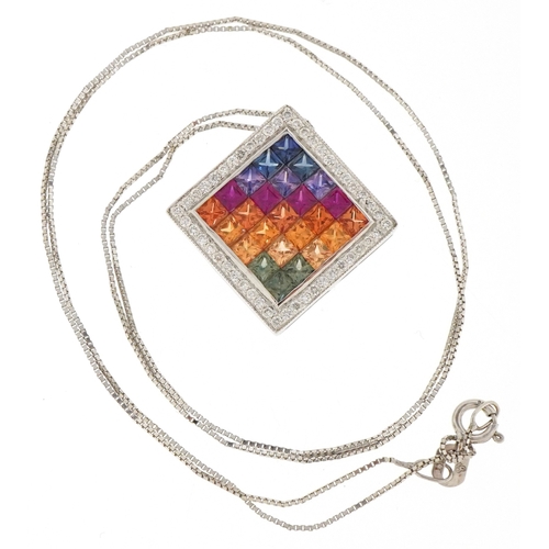 3024 - A 9ct white gold diamond and coloured sapphire pendant on a 9ct white gold chain, 2.2cm high and 46c... 