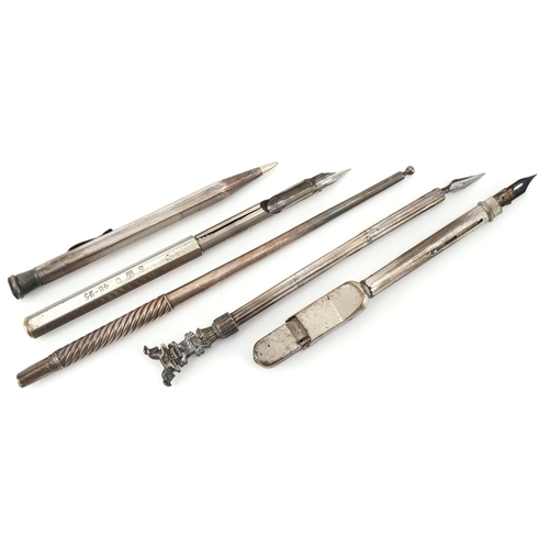 394 - Five various early 20th century plated dip pens and propelling pencils, L-18cm.