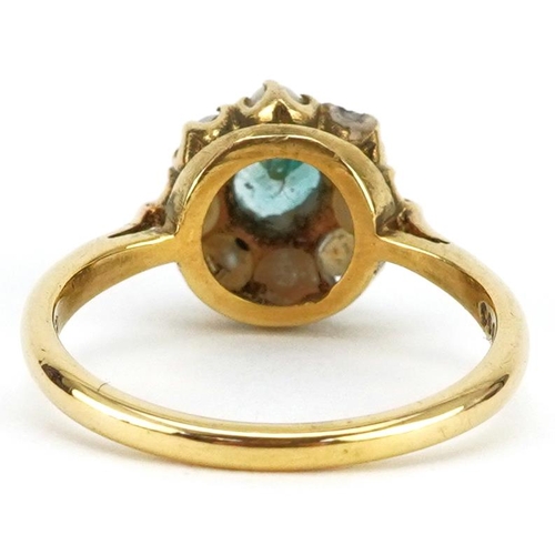 3037 - 9ct gold blue topaz and pearl cluster ring, size M, 2.6g