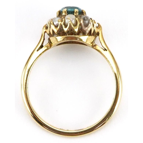3037 - 9ct gold blue topaz and pearl cluster ring, size M, 2.6g