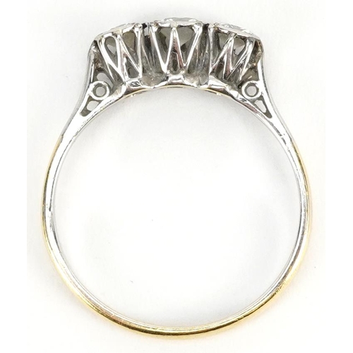 3054 - 18ct gold and platinum diamond three stone ring, the centre diamond approximately 3.7mm in diameter,... 