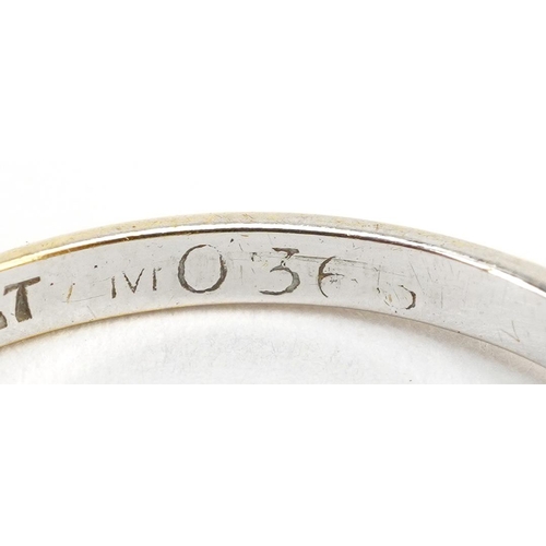 3054 - 18ct gold and platinum diamond three stone ring, the centre diamond approximately 3.7mm in diameter,... 