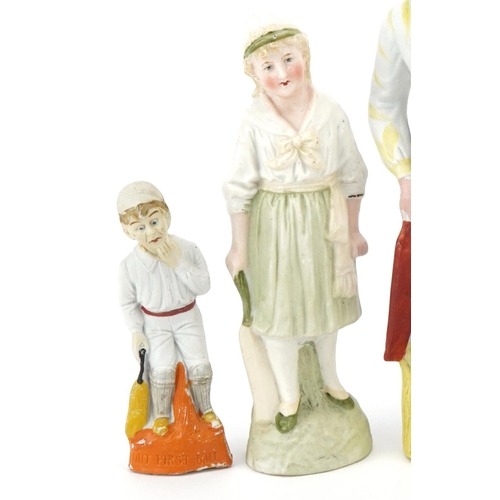 2498 - Various Victorian bisque figures of cricketers including a boy and girl couple, the largest 24cm hig... 