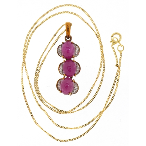 3034 - A 9ct gold cabochon ruby and diamond pendant on a 9ct gold necklace, 2.2cm high and 46cm in length, ... 