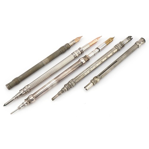 392 - Five early 20th century plated double ended propelling pencil and dip pens, L-10.5cm.