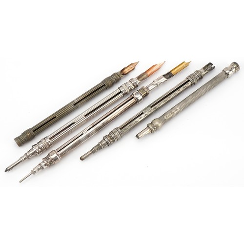 392 - Five early 20th century plated double ended propelling pencil and dip pens, L-10.5cm.