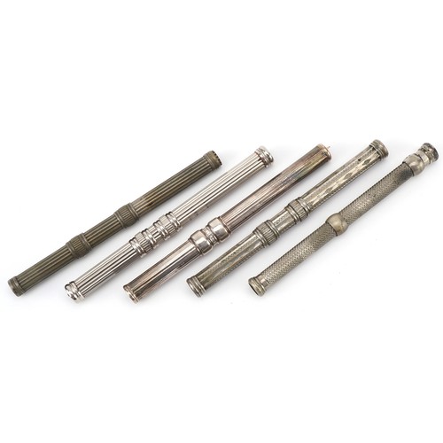 392 - Five early 20th century plated double ended propelling pencil and dip pens, L-10.5cm.