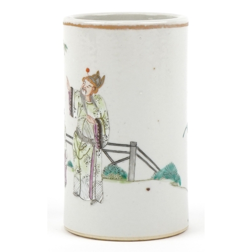 39 - A Chinese porcelain brush pot hand painted in the famille rose palette, decorated with an emperor an... 