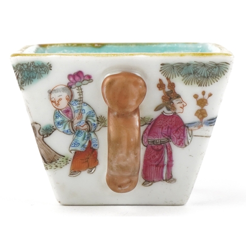 41 - A Chinese porcelain square section bowl with twin handles finely hand painted with enamels in the fa... 